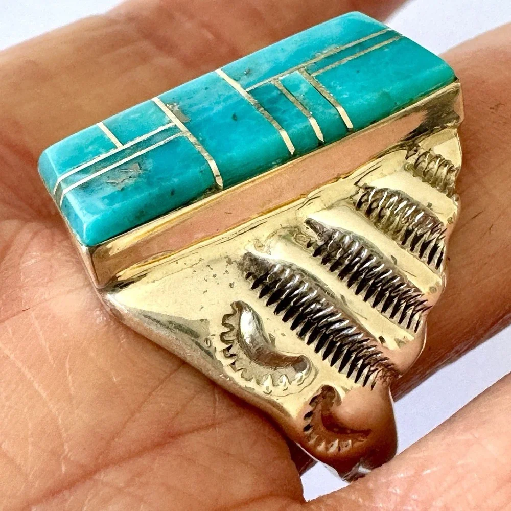 Bigger Turquoise Inlay Mens Ring Sz 12 Signed PLL Lincoln Navajo Sterling Signed